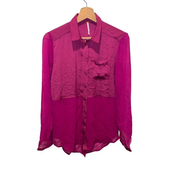 NWT Free People Best Of Both Words Sheer Fuchsia Button-Down Tunic Top Blouse  X - Picture 2 of 11